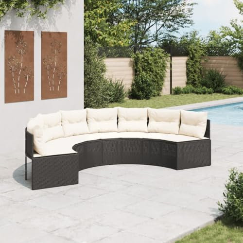Homgoday Gartensofa mit Kissen Halbrund Schwarz Poly-Rattan Gartenlounge, Lounge Sofa, Balkon Lounge Balkonmöbel Gartenmöbel Loungemöbel
