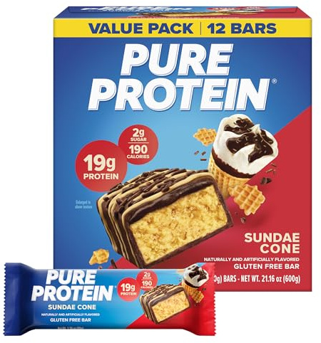 Pure Protein Barres Hyperprotéinées Sans Gluten Et Faibles En Sucre, Collation Pour Récupération Musculaire Et Énergie Pour L’Entraînement, Au Quotidien, Cornet Sundae – 12 Barres (50 g Chacune)