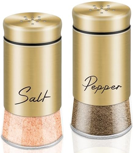 Salt and Pepper Shakers Set 150ml Glass Salt and Pepper Shakers with Stainless Steel Lids Refillable Spice Shaker Accessories for Kitchen Restaurant Gold, Glass and, and Pep