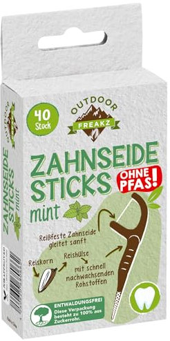 200 x Outdoor Freakz Zahnseide Sticks (jeweils 40 Stück), plastikfreie Verpackung, Sticks aus 50% Bio-Kunststoff auf Basis von Reishülsen