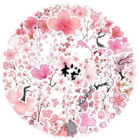 Kirschblüten Aufkleber Sakura Stickers 50 Stück Skateboard Graffiti Aufkleber Motorräder Fahrrad Snowboard Gepäck Laptop Auto Koffer für Kinder und Jugendliche Wasserdichte Vinyl Decals