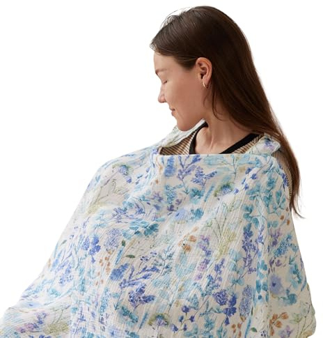 TILLYOU Stilltuch für Unterwegs 70x100 cm Musselin Stillschürze Stillschal 100% Baumwolle Nursing Cover Breastfeeding Cover, Blaue Blumen