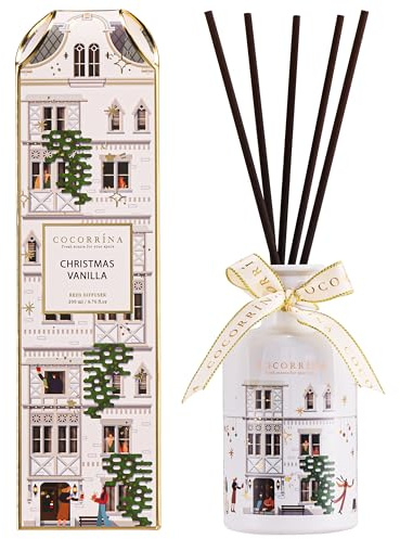 COCORRÍNA Weihnachten Raumduft mit 8 Duftstäbchen 200ml, Christmas Vanilla, Langanhaltend, Home Duft ätherisches Öl Reed Diffusor für Badezimmer Regal Dekoration
