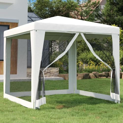 HaoChrymec Partyzelt mit 4 Mesh-Seitenwänden, PE Dachmaterial, UV-beständig, Wasserfest, Eisenrahmen, Schutz vor Insekten, Ideal für Gartenpartys, Camping Pavillon, Festival Zelt, Weiß, 2,5x2,5x2,4 m