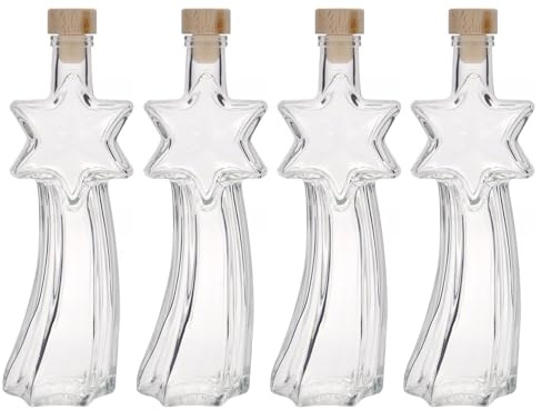 Flaschenland - 4er Set 200 ml Glasflaschen Sternschnuppe mit Korkmündung inklusive Korkverschlüsse, ideal zum Befüllen für Weihnachten als Likörflasche, Dekoflasche oder Geschenkeflasche