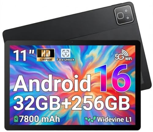 MUISOO Tablet Android 16, Tableta de 11 Pulgadas, 32GB RAM+256GB ROM (TF 1TB), 7800mAh, 5 Núcleos, 1280 * 800 Pantalla HD, WiFi 6, Widevine L1, Bluetooth 5.4, 5MP+8MP, Face ID, GPS Tableta Pad