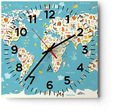 Modern Wanduhr Geographie Globus Grafik Illustration 40x40cm Quadrat Groß Wand Uhr Glas Analog Zimmeruhren Küche Büro Wohnzimmer Glasuhr Wall Clock Dekoration Design Küchenuhr C4AC40x40-3106
