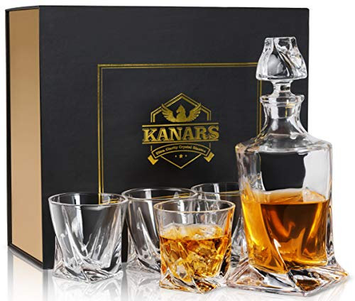KANARS Twist Whisky Karaffe Set, Bleifrei Kristallgläser, 800ml Whiskey Dekanter mit 4X 300ml Gläser, Schöne Geschenk Box, 5-teiliges, Hochwertig