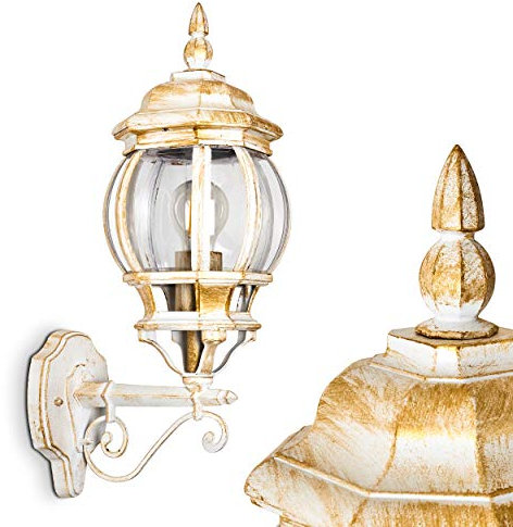 Außenwandleuchte Lentua, Wandlampe aufwärts in antikem Look, Aluguß in Weiß/Gold m. Kunststoff-Scheiben, Wandleuchte, E27-Fassung, Vintage Außenleuchte für Terrasse, Veranda u. Hof, ohne Leuchtmittel