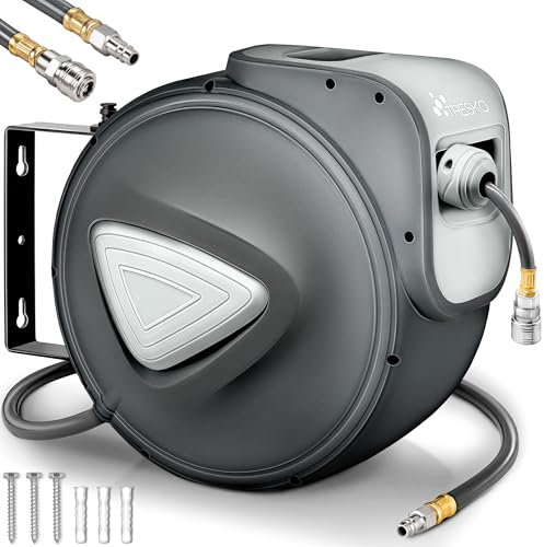 TRESKO® Avvolgitubo Aria Compressa 15 mt con Tubo | Avvolgitubo Pneumatico attacco 1/4 | Dispositivo di Arresto Automatico e Riavvolgitore Automatico, Grigio