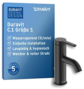 Duravit C.1 Waschtischarmatur, Größe S (Auslauf Höhe 66 mm). Wasserhahn Bad mit Zugstangen-Ablaufgarnitur, Schwarz Matt
