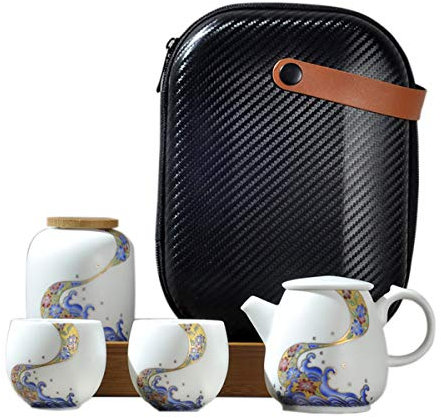 fanquare Service à Thé de Voyage Portable avec Sac de Voyage, Ensemble de Thé en Porcelaine Motif Vague de Mer et Fleurs, 1 Théière, 2 Tasses à Thé et 1 Boîte à Thé