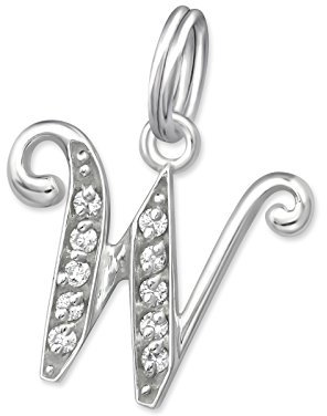 Bungsa BUCHSTABE W Halsketten-Anhänger BUCHSTABEN 925 Sterling Silber mit Kristallen - kleiner BUCHSTABE W CHARM für Bettel-Armband - für Damen, Kinder & Herren - silberner Letter W