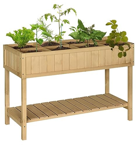 Outsunny Huerto Urbano de Madera 120x60x81 cm Jardinera Elevada para Cultivo de Plantas Flores Mesa de Cultivo con Estante Inferior para Jardín Terraza Exterior Natural