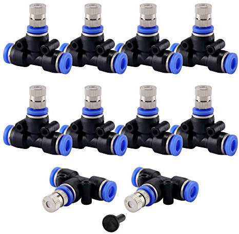 ACBungji 10 Stücke T-Stück Wasserrohr Verbinder mit Nebeldüse Bewässerungssystem Sprayer Sprinkler Sprühdüse Zerstäuberdüse T-Steckverbinder Kühlsystem Outdoor Misting System Zubehör