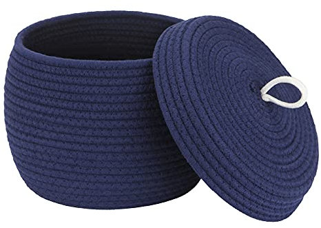 Sea Team Eleganter runder Baumwollseil-Aufbewahrungskorb mit Deckel - Multifunktionaler Organizer für Snacks, Handtücher uvm. - Ideal für Ihr Zuhause, 10 x 7,5 Zoll (Klein, Dunkelblau)