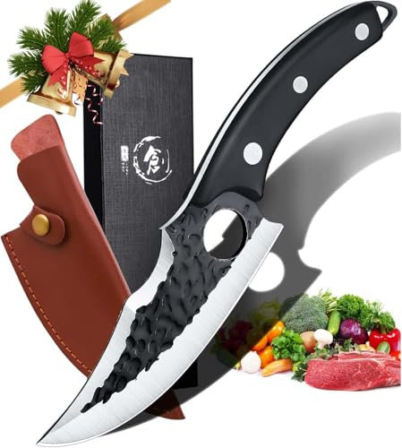 Cuchillo híbrido vikingo con vaina forjada cuchillo de deshuesar carne multiusos cuchillo carnicero al aire libre camping barbacoa cuchillo con caja de regalo