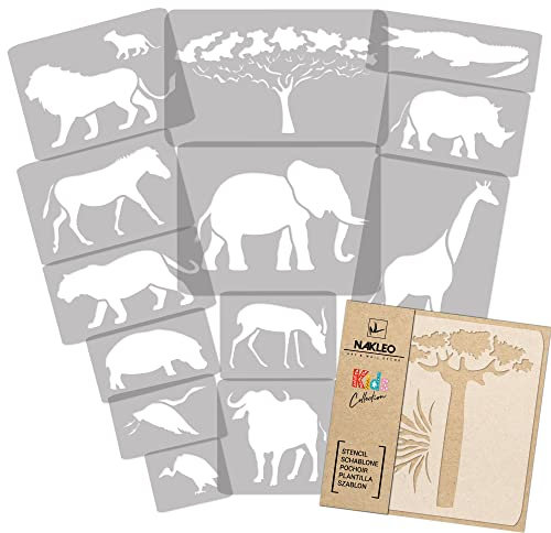 NAKLEO Wiederverwendbare Kunststoff Schablonen Malen Kinder, 14 Stück Set 9x12 bis 23x34cm Tiere der Savanne, Kinderzimmer Malvorlage Raumdekoration, Basteln DIY Wand Möbel