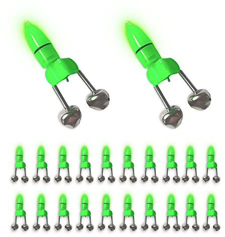 Cailauer LED-Angelalarm mit doppelter Glocke, LED-Glocke, Nachtfischen, Angel-Bissanzeiger, LED-Angelrute für Nachtfischen, Bissköder, Alarmleuchte (20 Stück, grün)