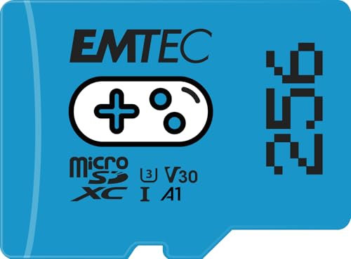EMTEC - Carte Mémoire microSD 256GB - Augmentez la Mémoire de Vos Consoles, Smartphones et Tablettes - Plus de Stockage de Jeux et Vidéos - ECMSDM256GXCU3G - Collection Gaming - Blue/Bleu