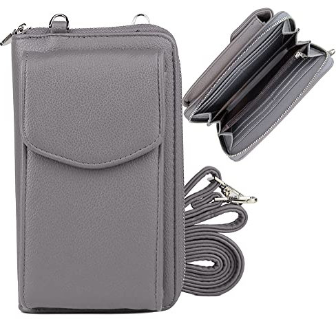 irisaa Geldbörse Damen mit Handyfach, RFID Schutz und Viele Kartenfächer, Crossbody Handytasche mit Geldbeutel Kleine Umhängetasche mit Verstellbarem Schultergurt, Damen Tasche:weich-grau