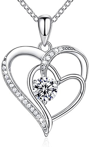 NINAMAID 925 Sterling Kette Silber Kette Herz Halskette Damen Silber Geburtsstein Halskette für Damen Schmuck Geschenke Für Frauen Mama Oma mit 5A Cubic Zirkonia