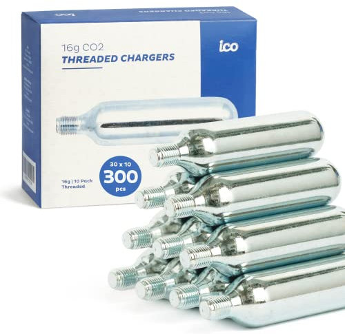ICO Cartouche CO2, Lot de 300, Cartouche CO2 16g Filetées pour Gonflage Express des Pneus de VTT et Vélo de Route - CO2 Qualité Alimentaire Compatible Tireuses à Bière Artisanale