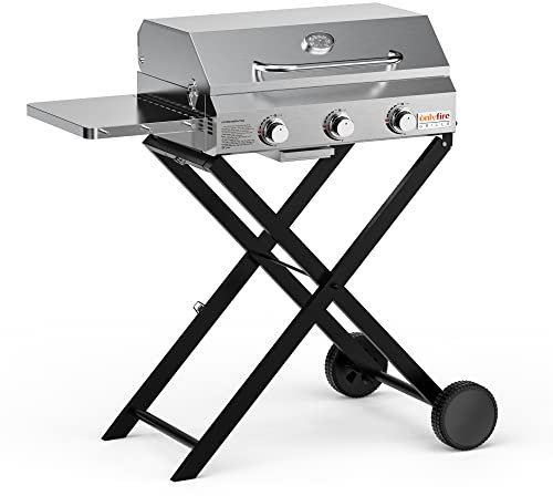 ONLYFIRE GRILLS GS308 Barbecue à gaz à 3 brûleurs avec chariot pliable et table d'appoint, barbecue au propane portable avec couvercle pour extérieur, terrasse, jardin, barbecue, camping, hayon
