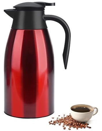 Pichet Isotherme 2L Thermos café 304 Acier Inoxydable Double-Wall Vacuum Isolé thermos 2L avec Poignée et Bec Café Pot Thermos pour Eau Chaud au Bureau Hôtel et Restaurant (rouge)