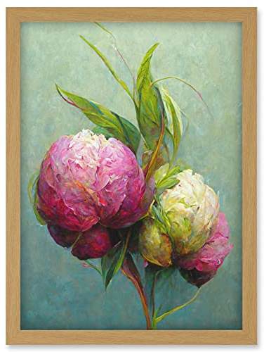 Doppelganger33 LTD Modern Pink And White Peony Flowers In Teal Artwork Framed Wall Art Print A4