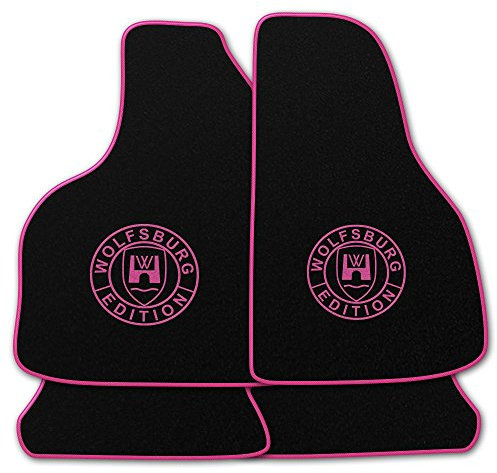 AUTOTEPPICH-Stylers Velours Schwarze Fußmatten passend für VW Golf 4 mit Logo Wolfsburg Edition WOB und Rand in pink