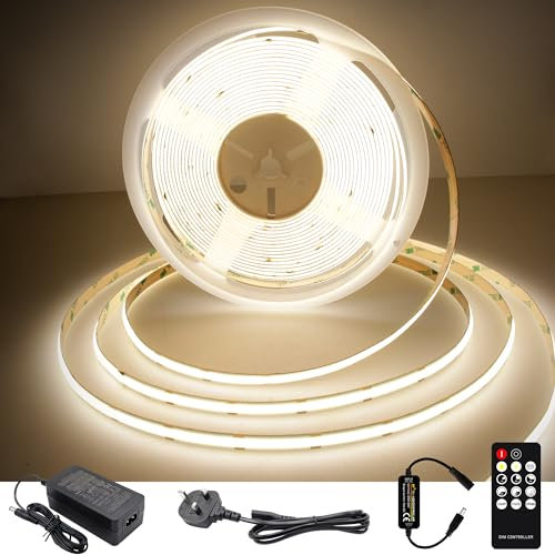 TTWAY COB LED Strip Lights, Dimmable 4000K LED Strip Kit, Super Bright 24V LED Tape Lights CRI90+ with RF Remote and UKCA Power Supply for DIY Home Decoration, 10M, Natural White.
