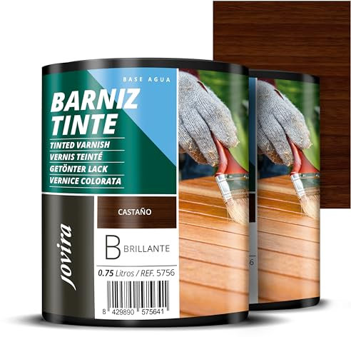 JOVIRA PINTURAS Barniz Tinte Brillante al Agua, acabado Brillo. Especial para teñir y barnizar maderas. (2x750 Mililitros, Castaño) E-39-2