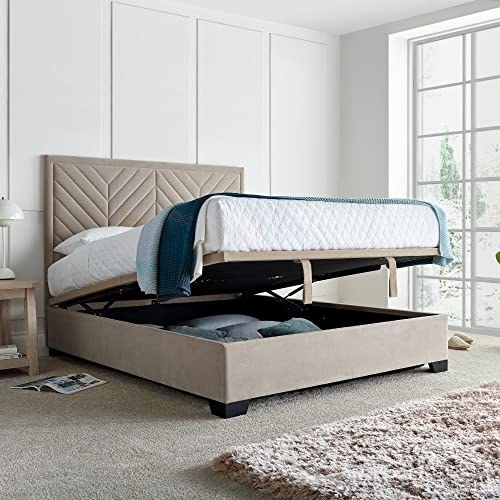happybeds Watson Warm Stone Velvet Ottoman Storage Bed, 6ft Super King | 6ft Super King, Velvet Ottoman Storage Bed, Gas-Lift Storage, Warm Stone, Velvet Upholstery, 150 x 200 cm, Modern Design