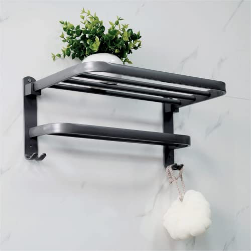 yozhch Grey Towel Holder for Bathroom, Self Adhesive Towel Rail Wall Mounted Towel Rack, 2 Tier Bath Towel Bar with Shelf 90° Foldable (38cm)