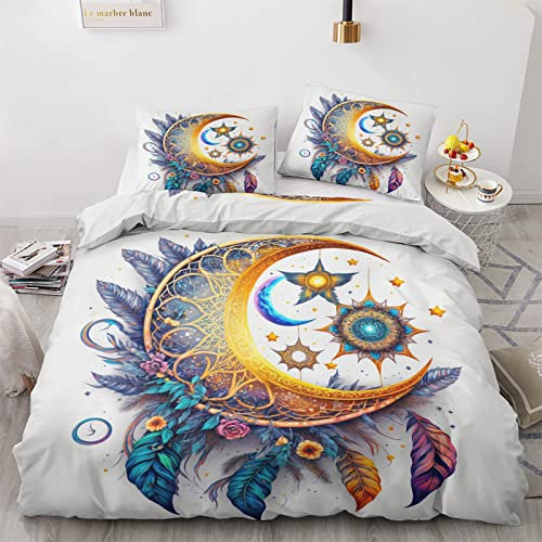 Sommer Bettwäsche 140x200 Mond Traumfänger - Bettbezug 140x200 2er Set, Wendebettwäsche und Kissenbezug 70x90, Weiche & Angenehme & Atmungsaktive Mikrofaser Bettwäsche-sets mit Reißverschluss