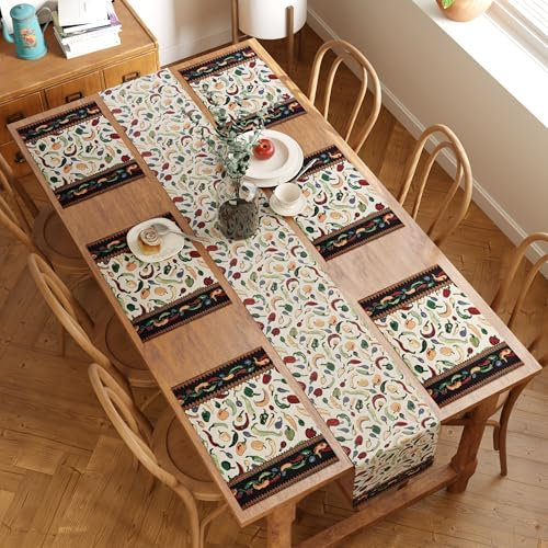 Encasa XO Boho-Jacquard-Set mit 6 Tischsets und 1 Tischläufer 32x200 cm | [Deisgn] Design | Vintage-Stil | Gewebter Bohemian-Wandteppich zum Essen – maschinenwaschbar