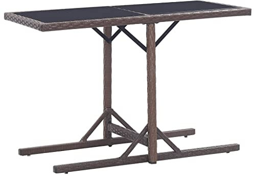 FIRBNUS Mesa de jardín marrón 110 x 53 x 72 cm de vidrio y polirratán, mesa de balcón, mesa de exterior, mesa de ratán, mesa de terraza, mesa de jardín, tablero superior de cristal sólido y seguro