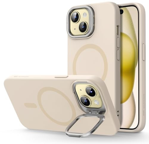 ESR für iPhone 15 Hülle, Kompatibel mit MagSafe Silikonhülle mit Ständer, Militärnorm Schutz, integrierter Kameraständer, magnetisches Handy Case für iPhone 15, Cloud-Serie, Beige