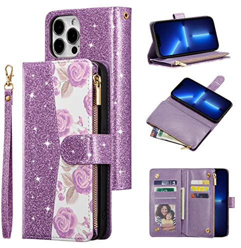 UEEBAI Wallet Case for iPhone 15 Pro Max 6.7 inch, Glitter PU Leather Magnetic Closure Handbag Zipper Pocket Case Kickstand Card Holder Slots with Wrist Strap TPU Shockproof Flip Cover - Purple