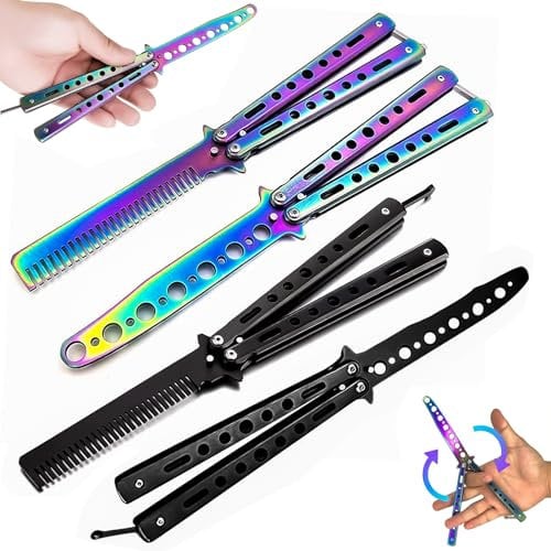 Nizirioo Butterfly Messer zum Üben 4 Stück Butterfly Trainer Set Ungeschärfte Klinge Butterfly Kamm Edelstahl für Balisong Trainingsmesser AnfäNger-Der Flipping Tricks üBt(Schwarz+Farbe