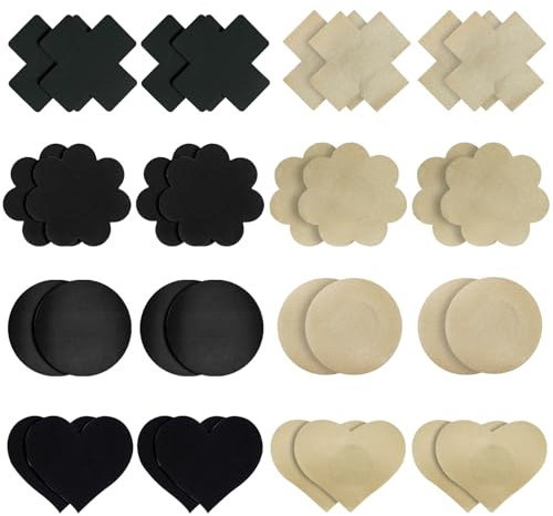 32 PCS Cache-tétons Invisible, Buste pétales Satin Buste Manches Autocollants mamelons Autocollants Patch Buste Respirant pour Noir et Teint (Coeur, Rond, Marguerite, Croix)