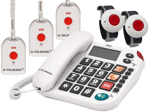 G-TELWARE PRO (Weltneuheit) Silence SOS Technik/SOSParam.einstellb./2026er Modell Haus Notruf Seniorentelefon mit FunkSOS-Sender - 2 Armbandsender + 3 Handsender mit Schlaufe, Satingrau, PRO+