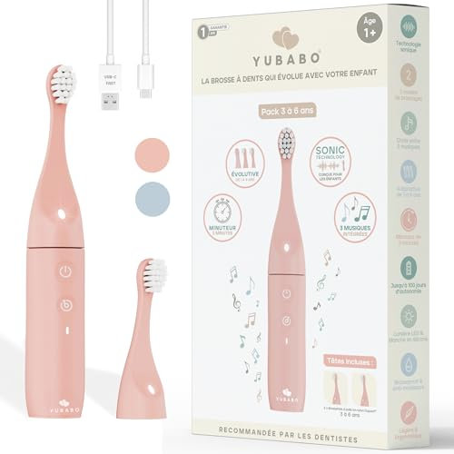 YUBABO - Brosse à Dents Électrique Enfant Musicale - Vibration Sonique - Recommandée par les Dentistes - 100 Jours d'Autonomie - Évolutive - 2 Modes - Minuteur 2 Min Intégré - 3 à 6 ans - Rose