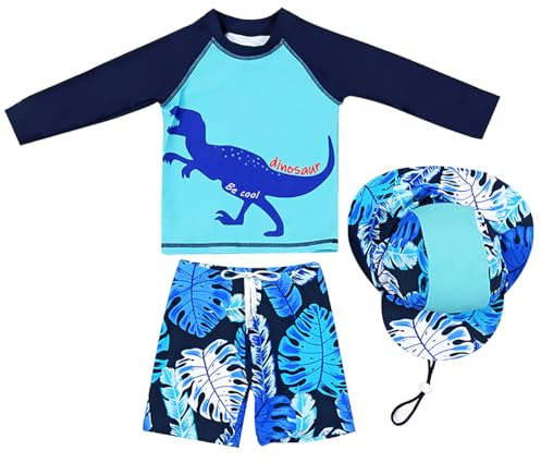 AIWUHE Jungen Kinder Badeanzug Dinosaurier 2er Set Rashguard Langärmliges Top+Badeshorts Uv-Schutz Schwimmanzug mit Hut Bananenblattdrache 120