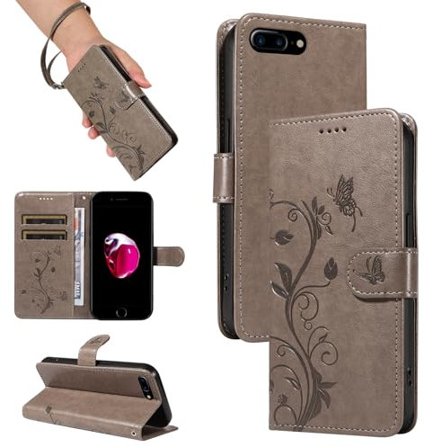 SRISHP Hülle für iPhone 8 Plus/iPhone 7 Plus Hülle, Premium PU Leder Handyhülle mit Band, Magnet Flip Case für iPhone 8 Plus/iPhone 7 Plus, Grau