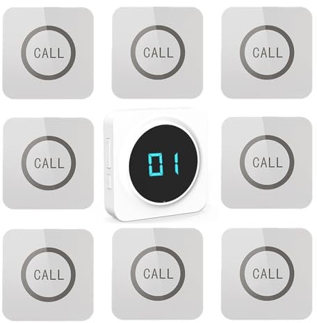 ALIBELL Système d'Appel sans Fil pour Serveurs Système de Bipeur pour Restaurants/Hôtels/Cafés/Bars 8 Boutons d'Appel Étanches 1 Récepteur à Affichage Numérique