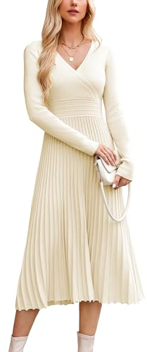 OUGES Maternity Jumper Dress for Women UK 2025 Fall Midi Pleated Long Sleeve Winter Dresses V Neck Sweater Dress