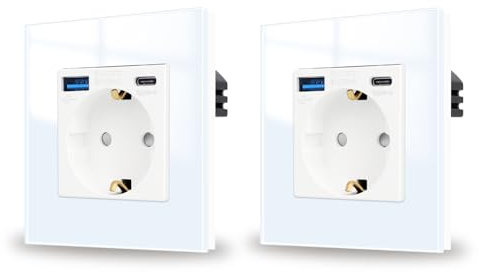 JIMEIDA Pack 2 bases de enchufe con USB 20W cristal blanco de empotrar, 1 compartimento Bases de 16Amp con USB A y Tipo C, 86 * 86mm, 250V