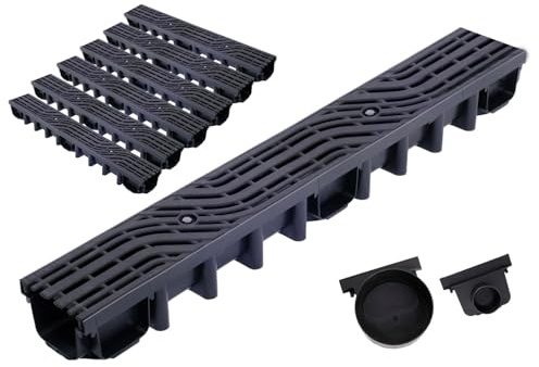 Durabern Entwässerungsrinne Gußrost 12,5t Belastung | Set - 98 mm Ablaufrinne, PKW-befahrbar, für Garten, Hof & Terrasse, inkl. Rost aus Gusseisen und 2 Ablaufstutzen (6m, Wave)